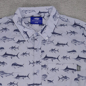 AFTCO Shirt Mens Large Blue Fish Print Button Up Short Sleeve
